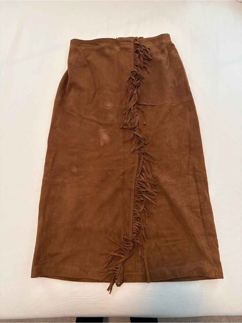 XiRENA Brown Suede Fringe Midi Skirt
